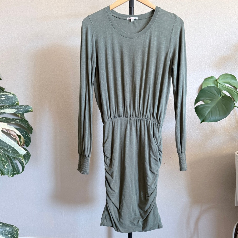 Sundry Womens Ruched Long Sleeve Slub Knit Dress Sage Green Size 0 Made in USA